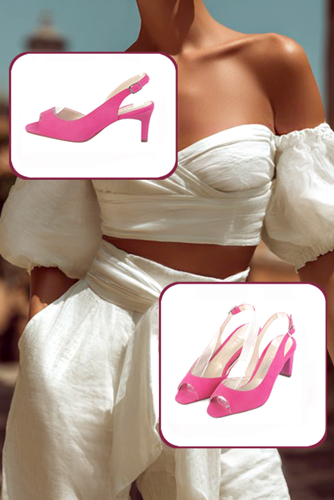 Dress heels peep-toe slingback in hot pink with medium comma heels and square toe - Worn view